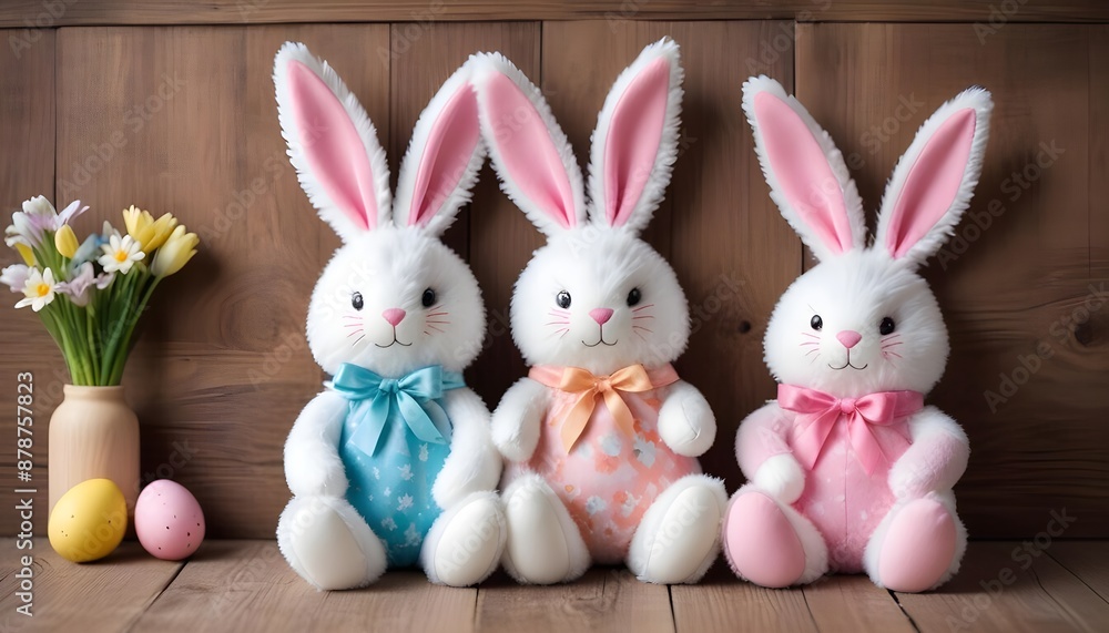 Obraz premium Fluffy fabric easter bunnies and wooden background