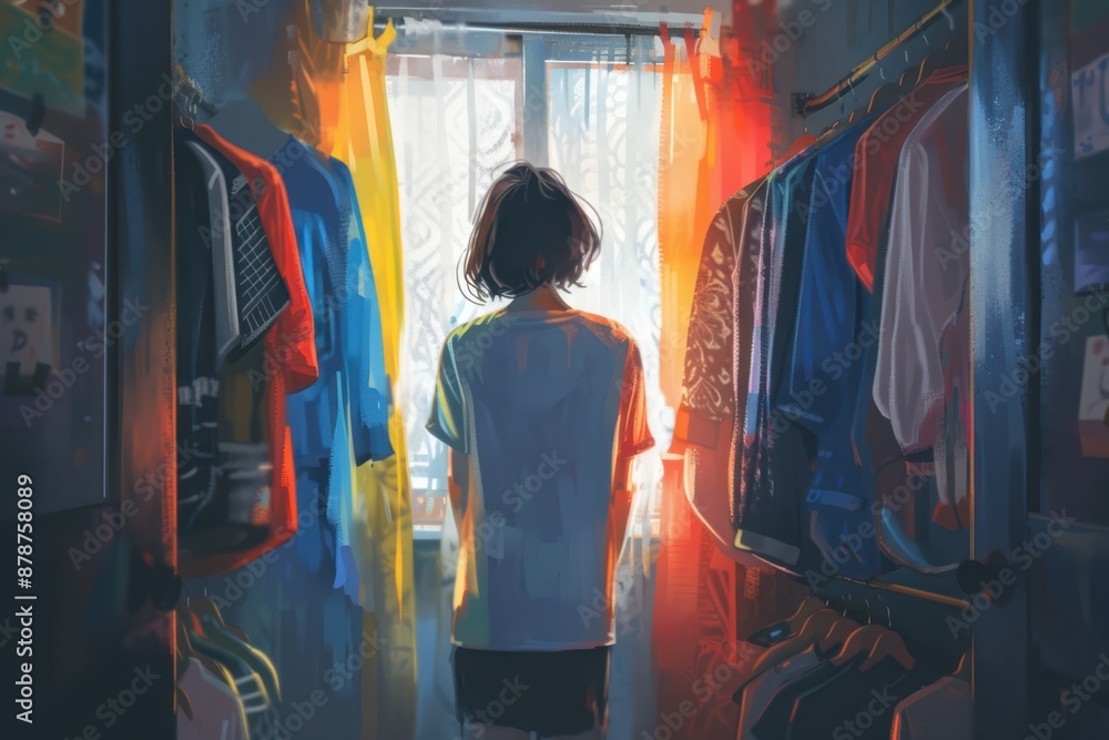 Contemplating Choices: A person ponders the day's outfit in a sunlit, colorful wardrobe Contemplating Choices: A person ponders the day's outfit in a sunlit, colorful wardrobe