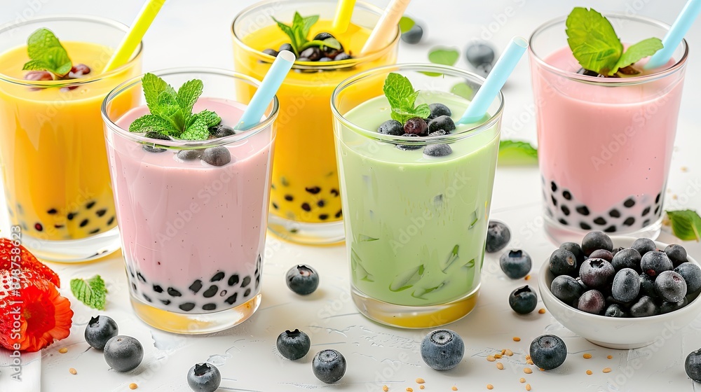 Three glasses of bubble tea, one green, one pink, and one yellow, with various fresh fruit garnishes, including lemon wedges, raspberries, blackberries, and blueberries Three glasses of bubble tea, one green, one pink, and one yellow, with various fresh fruit garnishes, including lemon wedges, raspberries, blackberries, and blueberries