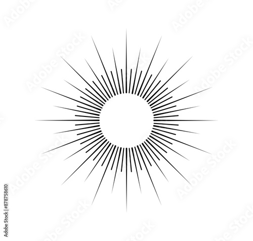 Minimalistic sun rays. Sunburst silhouette in bohemian style. Icon for website or emblem for company. Celestial sunlight. Linear vector illustration isolated on white background