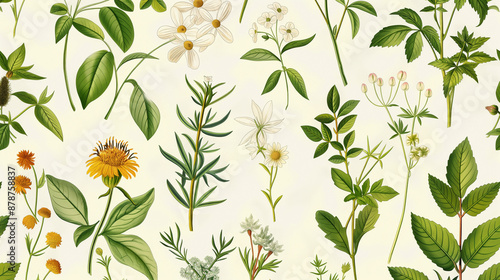 A painting of various plants and flowers with a white background