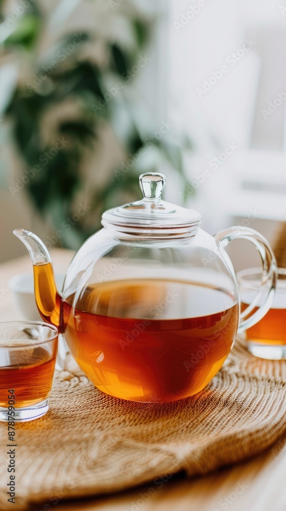 A glass teapot filled with brewed tea sits on a kitchen countertop next to two white teacups and saucers A glass teapot filled with brewed tea sits on a kitchen countertop next to two white teacups and saucers