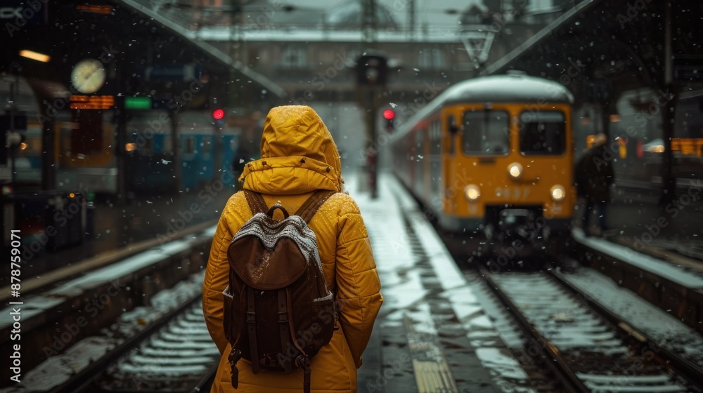 Person Waiting on Snowy Train Platform