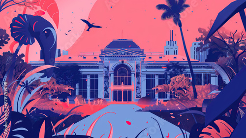 Risograph riso print travel poster, card, wallpaper or banner illustration, modern, isolated, clear and simple of American Museum of Natural History, New York City, USA. Artistic, screen printing