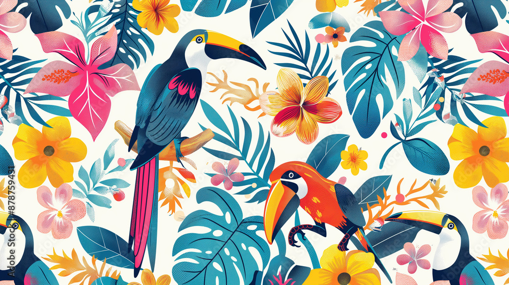 A colorful tropical scene with birds and flowers A colorful tropical scene with birds and flowers