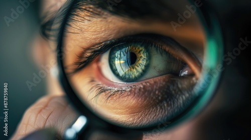 Beautiful detailed macro photo of a man's eye through magnifying glass as close or careful attention in healthcare and eyesight health optics photo