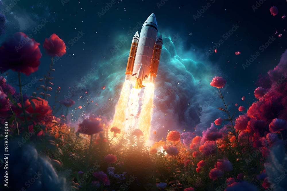 Obraz premium A rocket takes off into space from a field of flowers