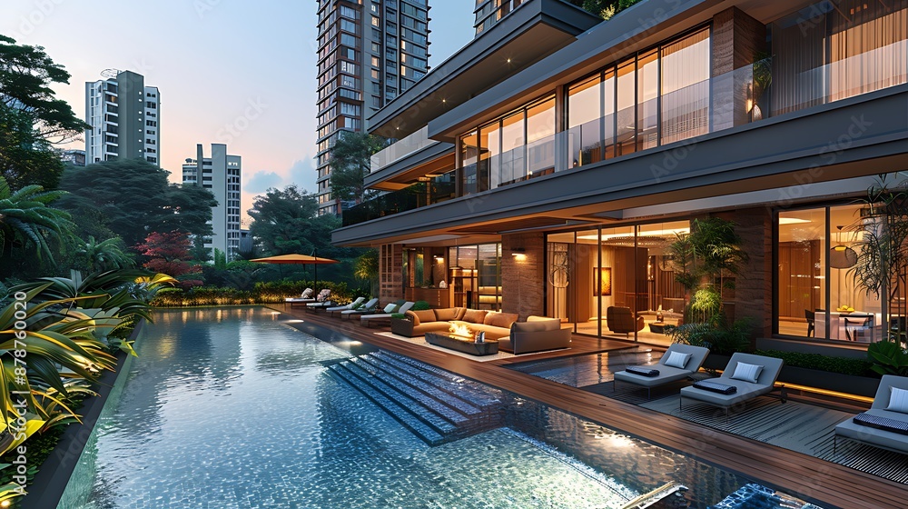 Obraz premium Real estate focusing a HighRise Building showcasing modern architecture luxury amenities and panoramic views