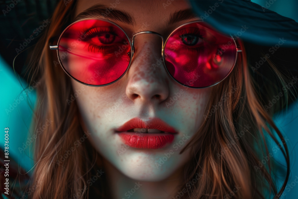 A close-up portrait of a woman wearing red sunglasses and a hat A close-up portrait of a woman wearing red sunglasses and a hat