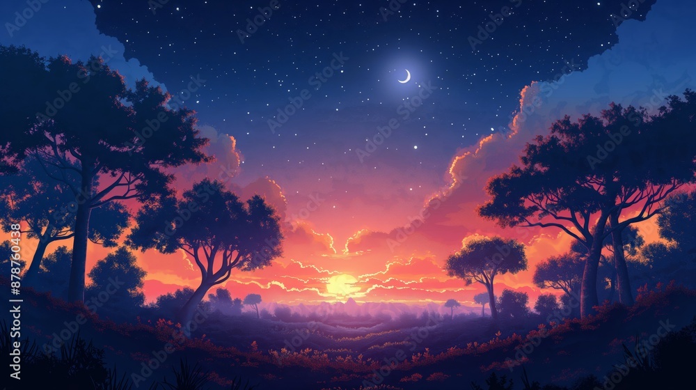 Naklejka premium beautiful landscape background of sunset gradient dusk sky over woodlands,