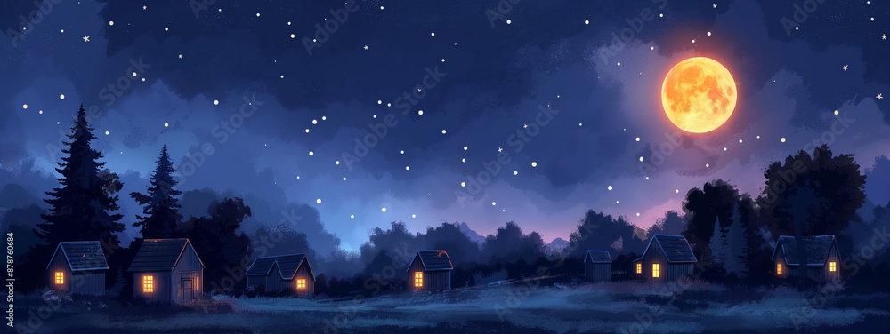 small town cute village under starry night sky, Children's book cartoon style illustration scenery, cute cheerful positive happy atmosphere small town cute village under starry night sky, Children's book cartoon style illustration scenery, cute cheerful positive happy atmosphere