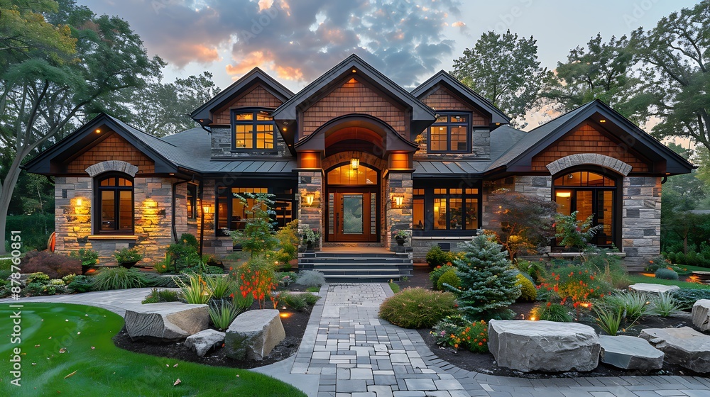 Fototapeta premium Real estate highlighting Home Exterior details showcasing various architectural styles landscaping curb appeal