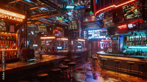 Neon-lit cyberpunk bar interior with stools and exposed pipes