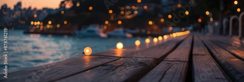 wooden pier walking path way with coastal seascape at evening time, bokeh light of small town 