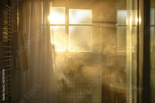 Serene morning shower with sunlight filtering through foggy glass and steam rising photo