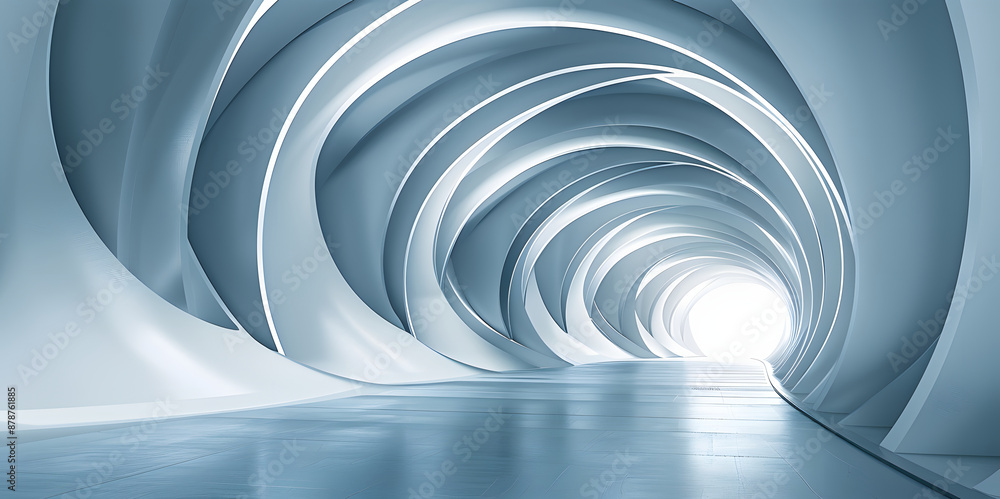 Fototapeta premium Futuristic Abstract Tunnel with Curved Blue Arches and Light at the End Showcasing Modern Architectural Design