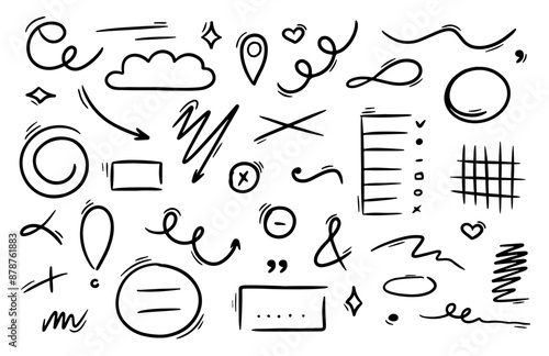 Hand drawn underlines, speech bubbles, arrows, strokes, hearts, spiral. Sketch emphasis by pen, pencil or marker Vector design elements set.