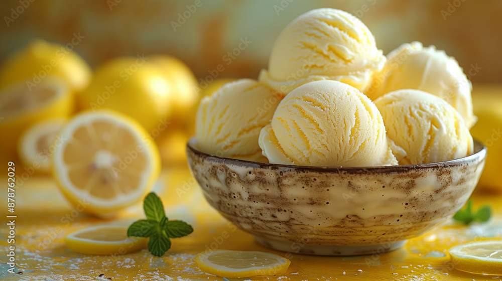 Close up studio photo of lemon ice cream scoops in a ceramic bowl on an old table with a Sicilian rustic background and copy space. Close up studio photo of lemon ice cream scoops in a ceramic bowl on an old table with a Sicilian rustic background and copy space.