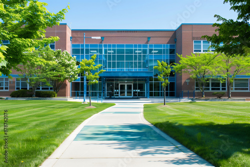 School building exterior with blue accents, green grass and trees in front of the entrance, sunny day, wide angle shot photo