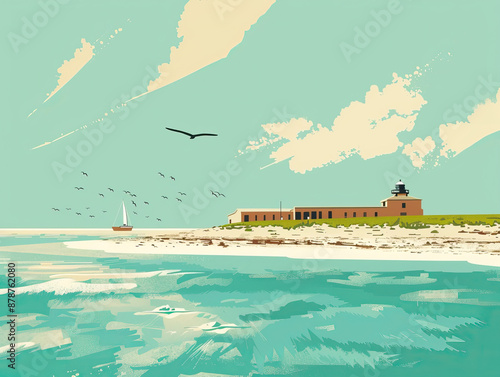 Risograph riso print travel poster, card, wallpaper or banner illustration, modern, isolated, clear and simple of Dry Tortugas National Park, Florida, USA. Artistic, screen printing, retro, vintage