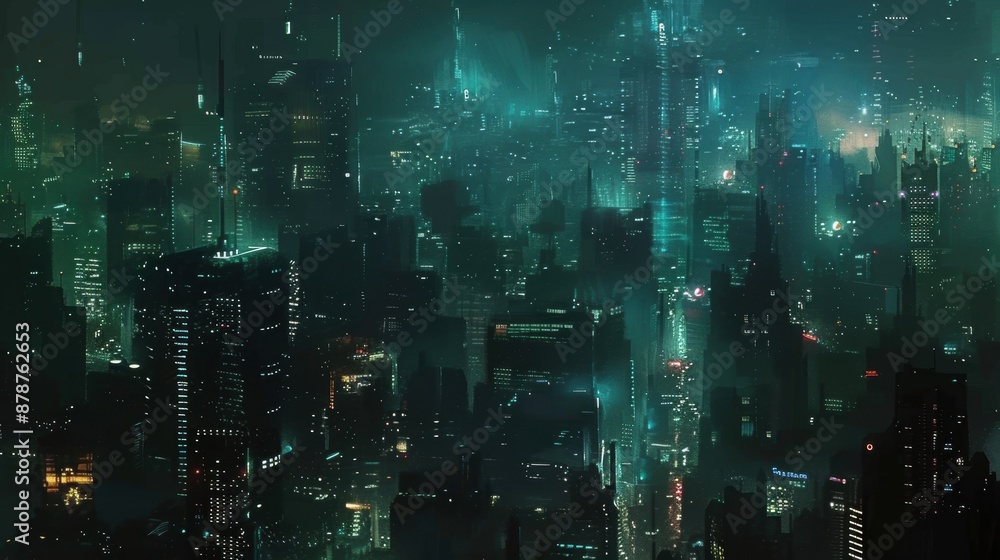 Futuristic cityscape at night with green glow Futuristic cityscape at night with green glow