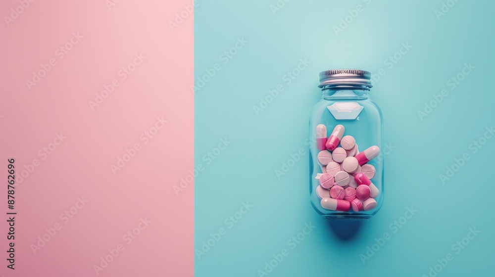 Vitamin capsules and lecithin pills in a glass bottle on a trendy pink and blue background promoting a healthy lifestyle Minimalistic photo with dual color scheme Vitamin capsules and lecithin pills in a glass bottle on a trendy pink and blue background promoting a healthy lifestyle Minimalistic photo with dual color scheme