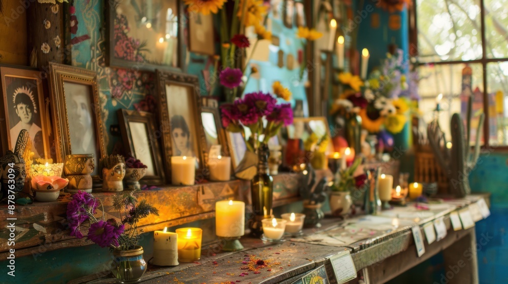 Ornate altar decorated with candles and flowers in a mexican home Ornate altar decorated with candles and flowers in a mexican home