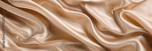 Beige drapery silk fabric background. Wavy satin cloth texture pattern. Smooth shiny drape material