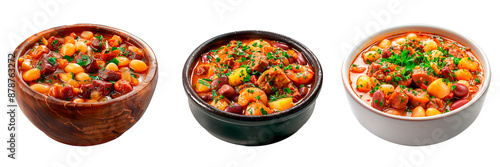 Set of asturian bean stew in a plate isolated on a white or transparent background. Spanish asturian bean stew in a white, wooden and black plate. Traditional Spanish dish. Side view. photo