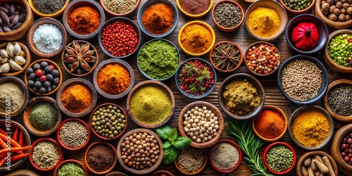 A collection of bowls containing various spices and herbs.