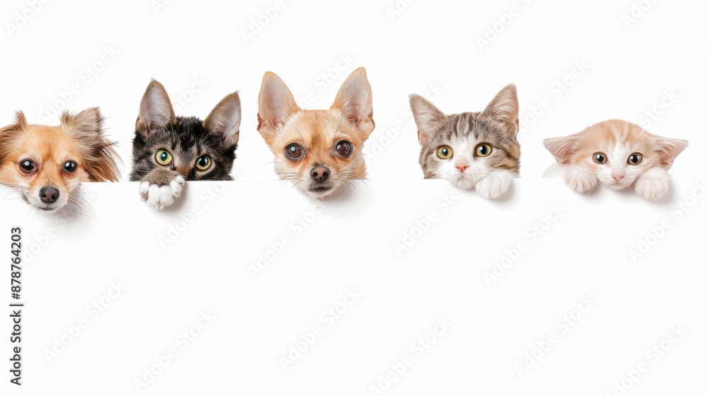 © ColdFire - Five pets peeking over white background