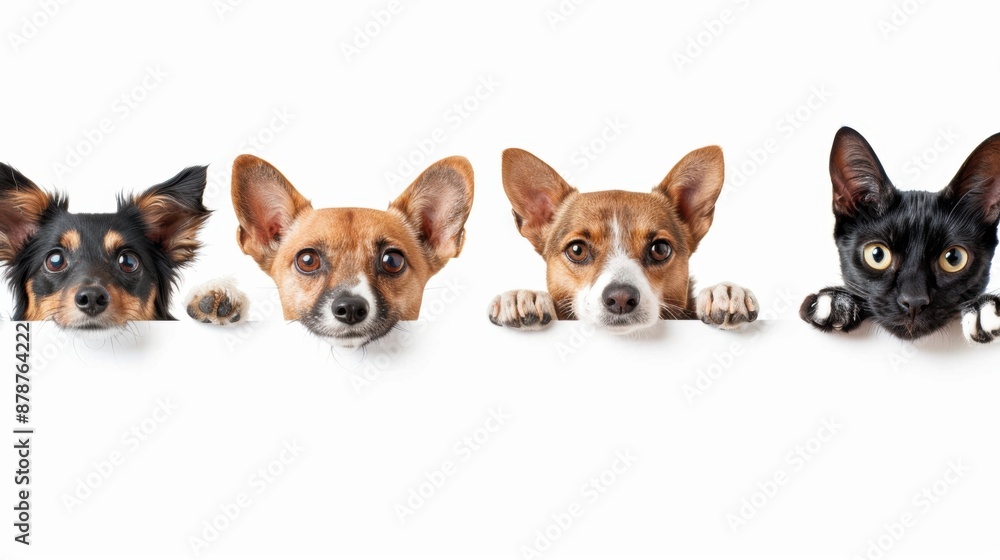 Three dogs and a cat peek over white surface Three dogs and a cat peek over white surface