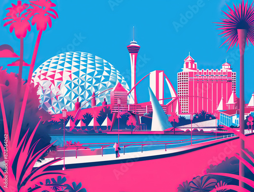 Risograph riso print travel poster, card, wallpaper or banner illustration, modern, isolated, clear and simple of Epcot, Orlando, USA. Texture, backdrop, screen printing, stencil