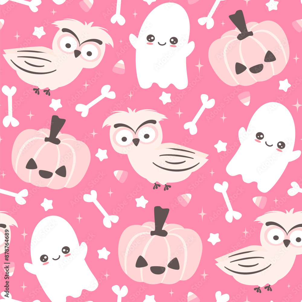 cute hand drawn cartoon character owl seamless vector pattern background illustration with halloween pumpkins, ghost, bones, stars and candy corns cute hand drawn cartoon character owl seamless vector pattern background illustration with halloween pumpkins, ghost, bones, stars and candy corns