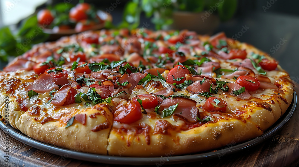highly detailed and visually appealing photograph of an entire pizza with bacon, tomatoes, cheese, and fresh basil leaves on top highly detailed and visually appealing photograph of an entire pizza with bacon, tomatoes, cheese, and fresh basil leaves on top