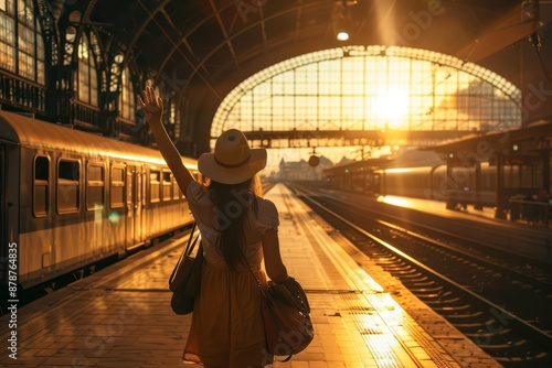 Backlit woman waving goodbye at a nostalgic sunset-lit train station, evoking warm farewell emotions photo