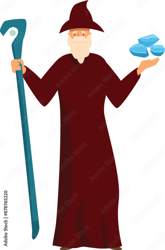 Wizard with long white beard wearing traditional robe holding magic staff and conjuring blue crystals