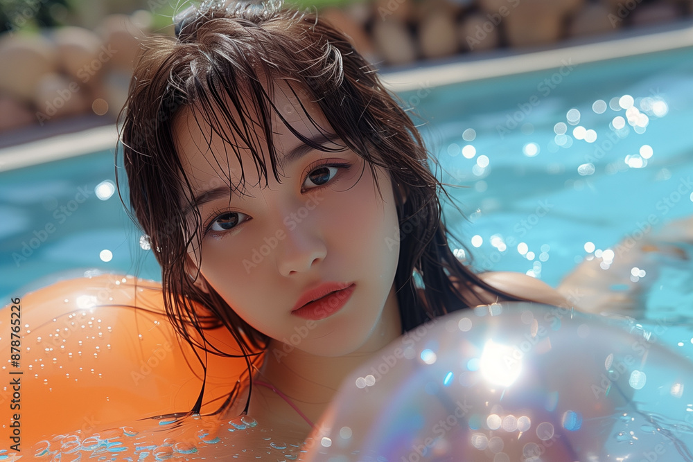 Fototapeta premium プールを楽しむ可愛い女性 笑顔