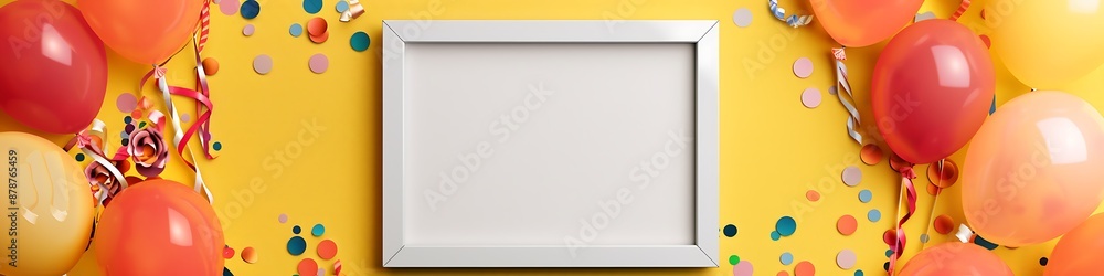 White square frame on a yellow background with balloons and confetti, flat lay top view style. White square frame on a yellow background with balloons and confetti, flat lay top view style.