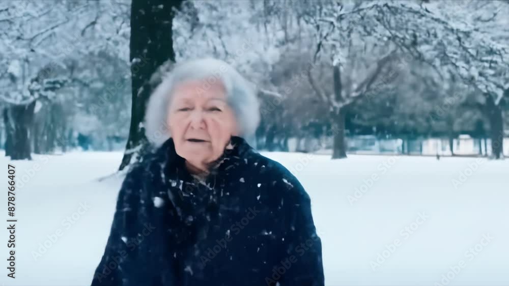 Elderly Caucasian woman with gray hair walking through a snow-covered park in winter. Concept of senior, winter, solitude, and peacefulness. Motion