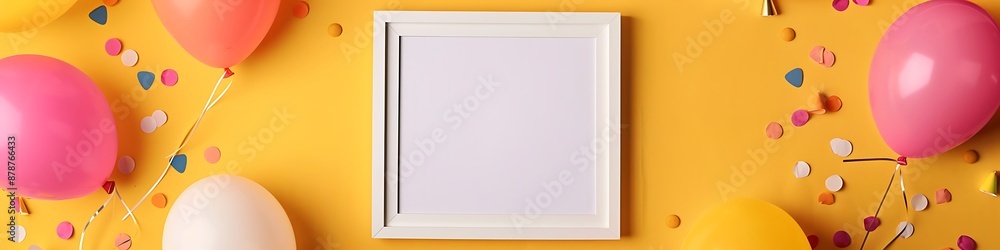 White square frame on a yellow background with balloons and confetti, flat lay top view style. White square frame on a yellow background with balloons and confetti, flat lay top view style.