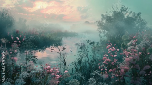 Early morning fog over a tranquil lake with blooming wildflowers