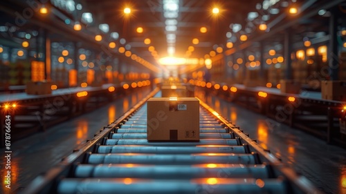 Cardboard box on conveyor belt in automated warehouse distribution center with glowing industrial lights and motion blur effect highlighting high-tech logisticsAutomation photo