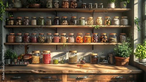Wallpaper Mural Sunlit Rustic Kitchen with Wooden Shelves Abundantly Filled with Glass Jars of Preserved Foods, Herbs, and Spices, Surrounded by Lush Green HouseplantsSunlit kitchen Torontodigital.ca