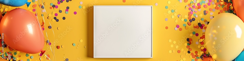 White square frame on a yellow background surrounded by balloons and confetti, in a flat lay top view. White square frame on a yellow background surrounded by balloons and confetti, in a flat lay top view.
