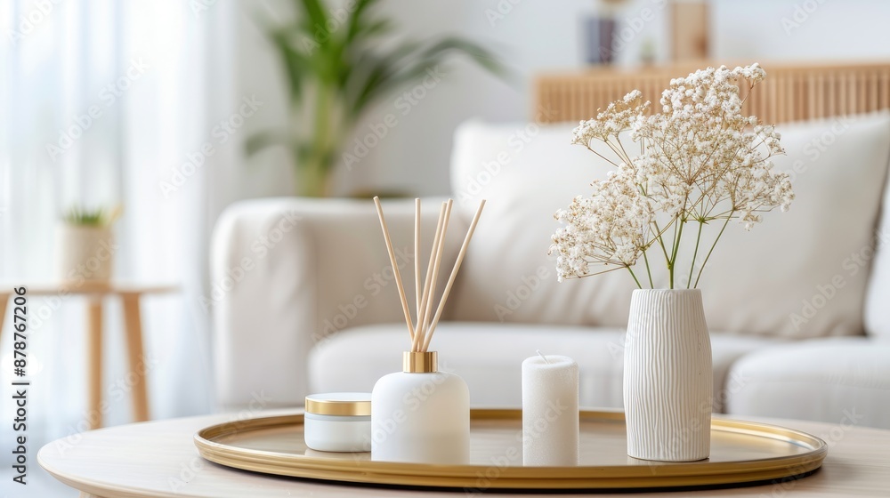 A vase of white roses sits on a gold tray in front of two white candles and a diffuser on a glass coffee table. The table is in front of a white couch with a patterned pillow A vase of white roses sits on a gold tray in front of two white candles and a diffuser on a glass coffee table. The table is in front of a white couch with a patterned pillow