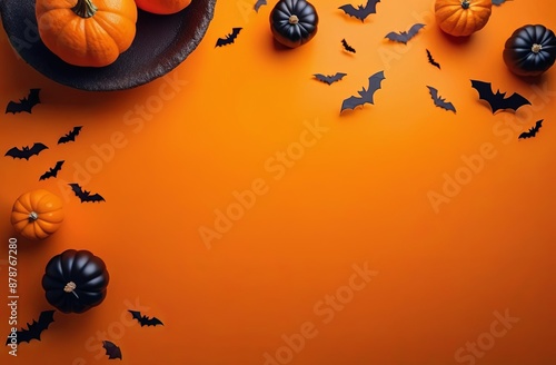 orange halloween background with pumpkins and bats