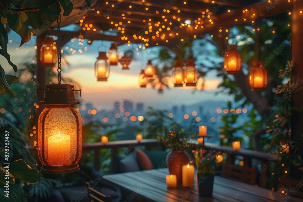Lush outdoor evening garden on a cozy terrace with hanging lanterns and fairy lights overlooking a sunset city skyline with glowing candles and plantslanterns Lush outdoor evening garden on a cozy terrace with hanging lanterns and fairy lights overlooking a sunset city skyline with glowing candles and plantslanterns