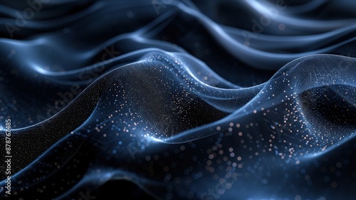 Abstract futuristic 3D rendering of wavy swirling black fabric-like surface with glowing blue particles and shimmering light effectsAbstract photo