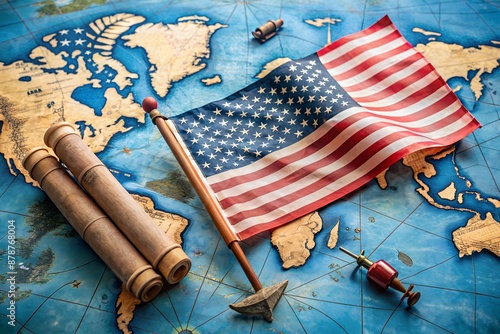 USA flags, scroll and old map on blue background. Columbus Day concept photo